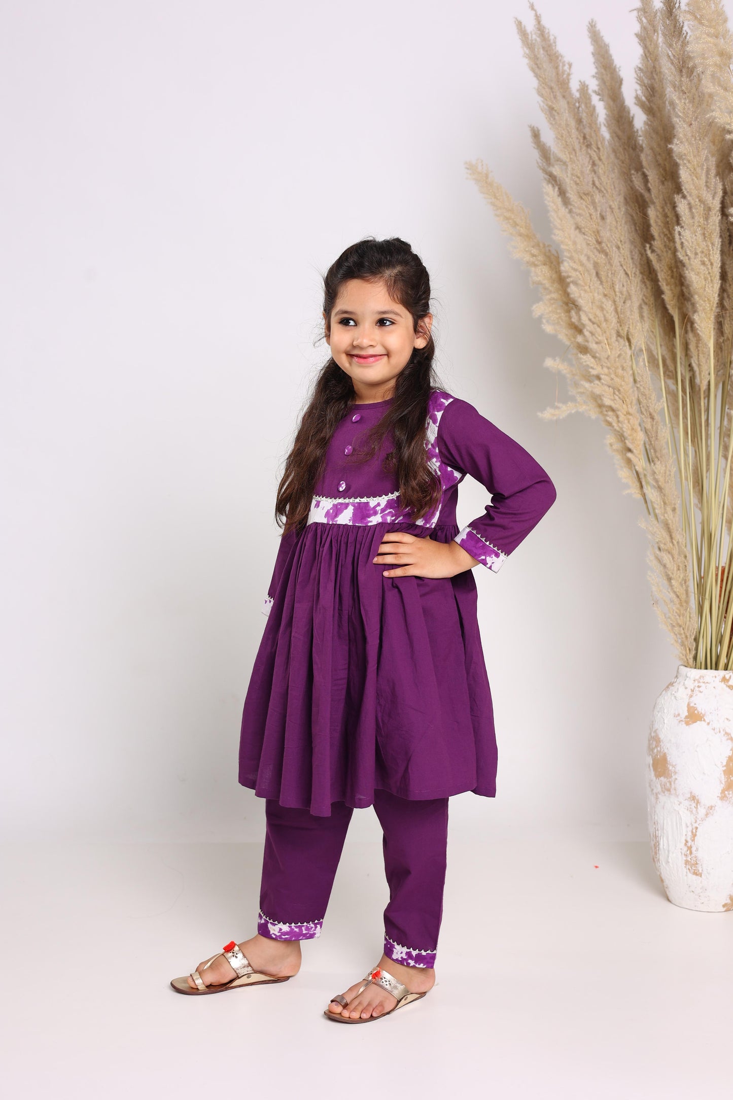 Purple Pure Cotton Three Quarter Sleeves Solid Knee Length Kurta Sets For Girls