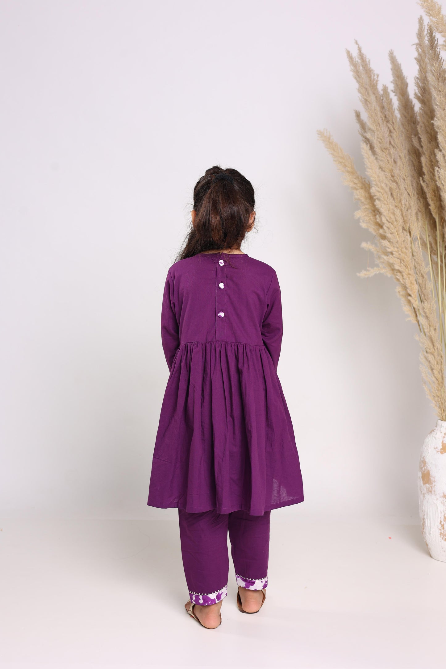 Purple Pure Cotton Three Quarter Sleeves Solid Knee Length Kurta Sets For Girls