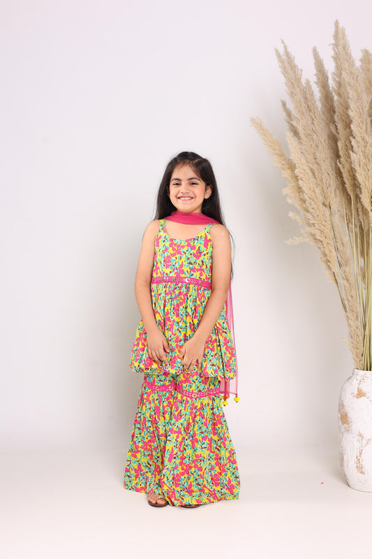 Yellow Pure Cotton Sleeveless Printed Knee Length Kurta Sets For Girls