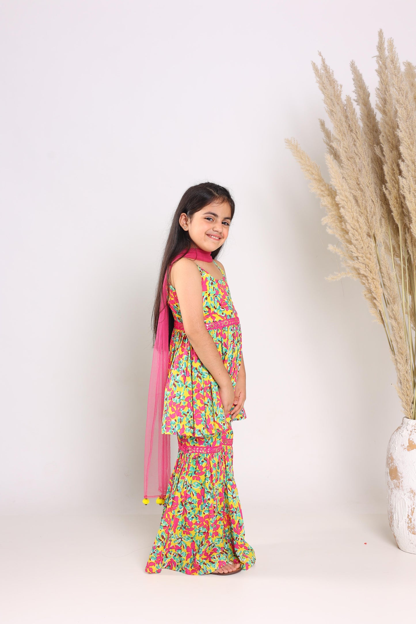 Yellow Pure Cotton Sleeveless Printed Knee Length Kurta Sets For Girls