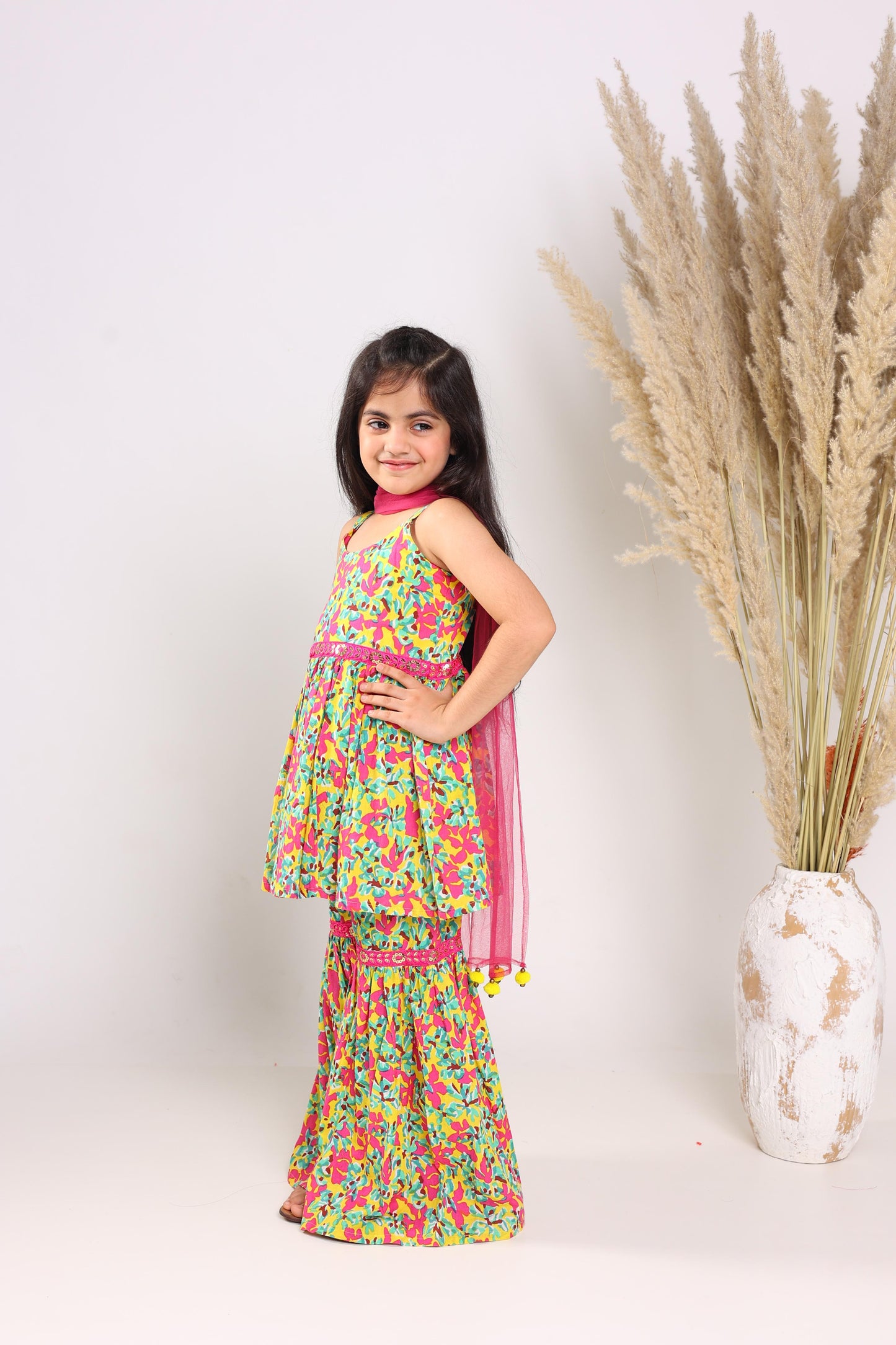 Yellow Pure Cotton Sleeveless Printed Knee Length Kurta Sets For Girls