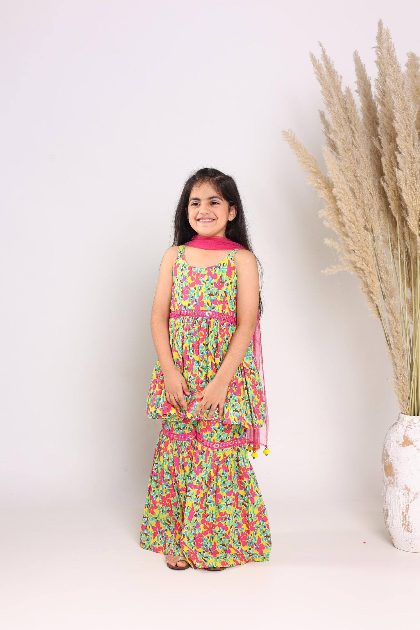 Yellow Pure Cotton Sleeveless Printed Knee Length Kurta Sets For Girls