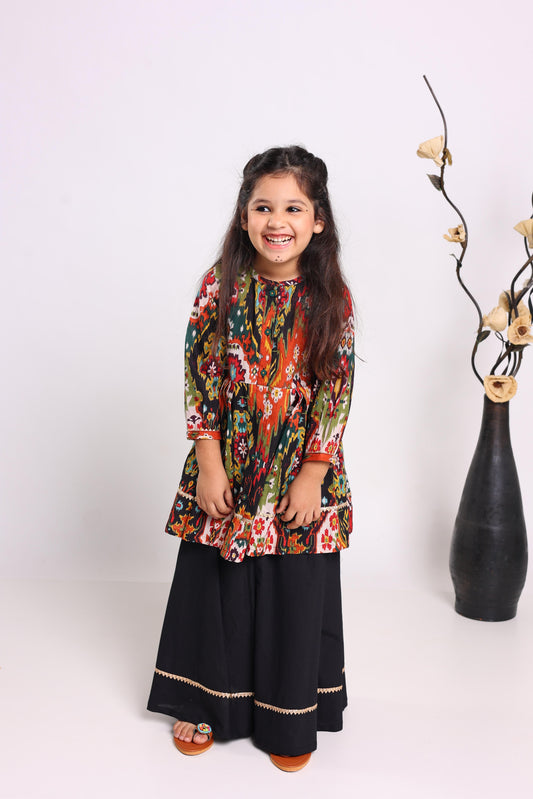 Multicolour Pure Cotton Three Quarter Sleeves Printed Knee Length Kurta Sets For Girls