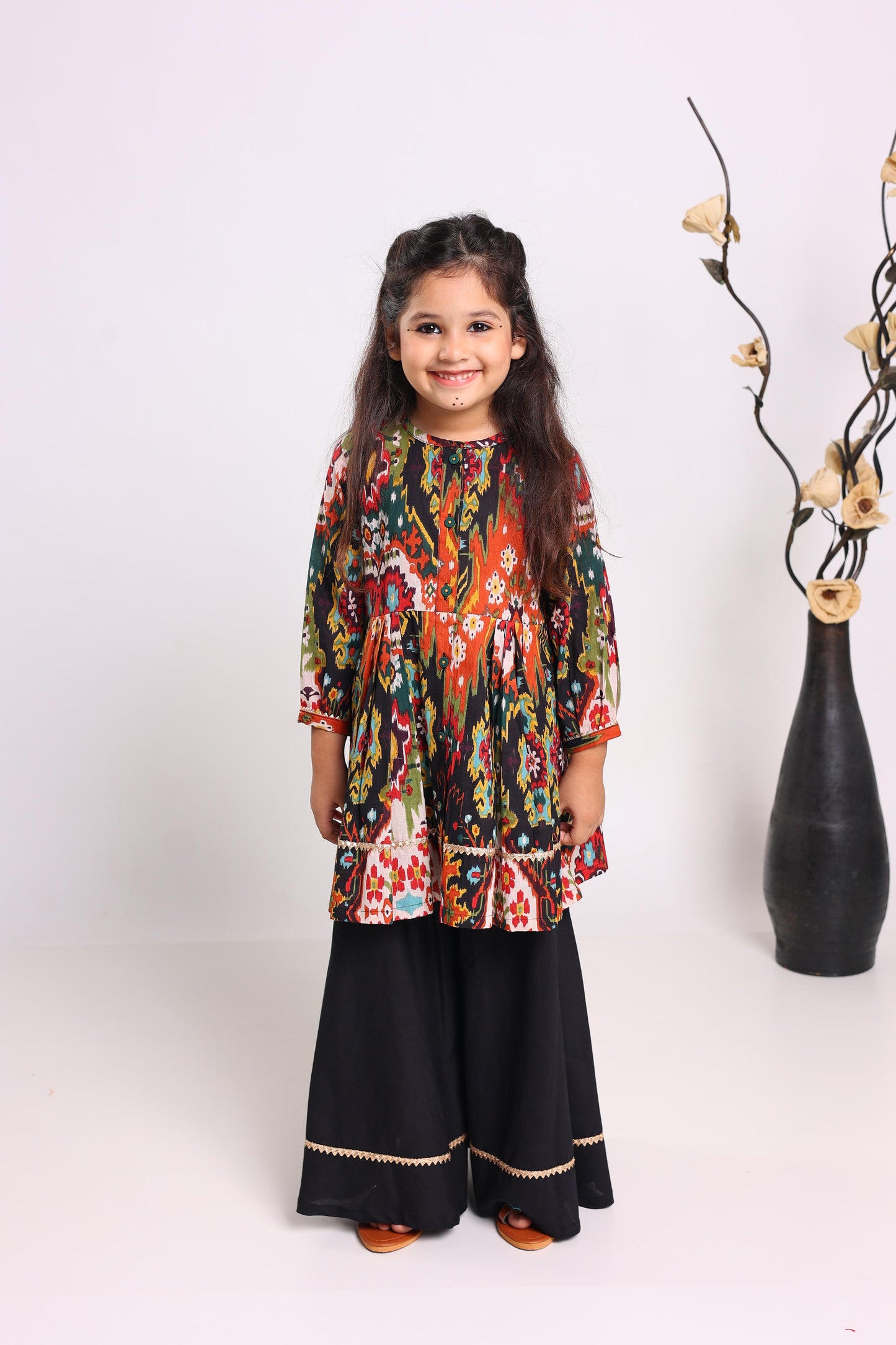 Multicolour Pure Cotton Three Quarter Sleeves Printed Knee Length Kurta Sets For Girls