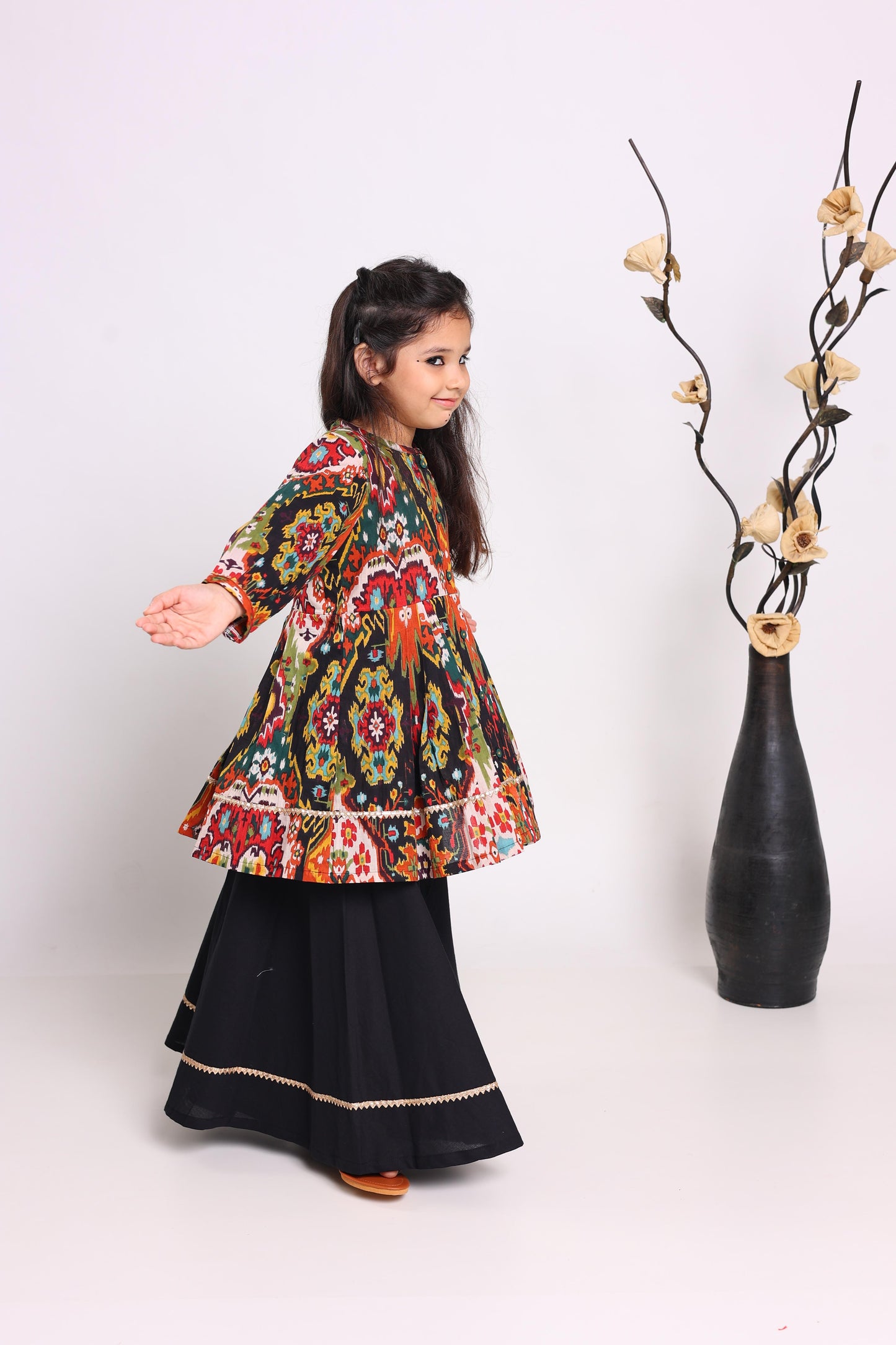 Multicolour Pure Cotton Three Quarter Sleeves Printed Knee Length Kurta Sets For Girls
