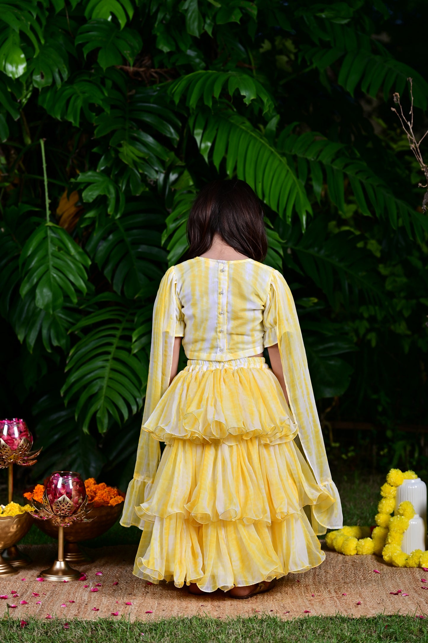 Lemon Yellow Tie And Die Printed Chiffon Lehenga Choli For Girls