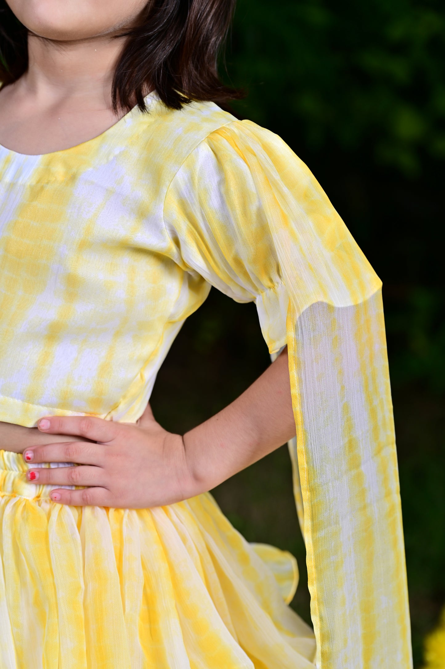 Lemon Yellow Tie And Die Printed Chiffon Lehenga Choli For Girls