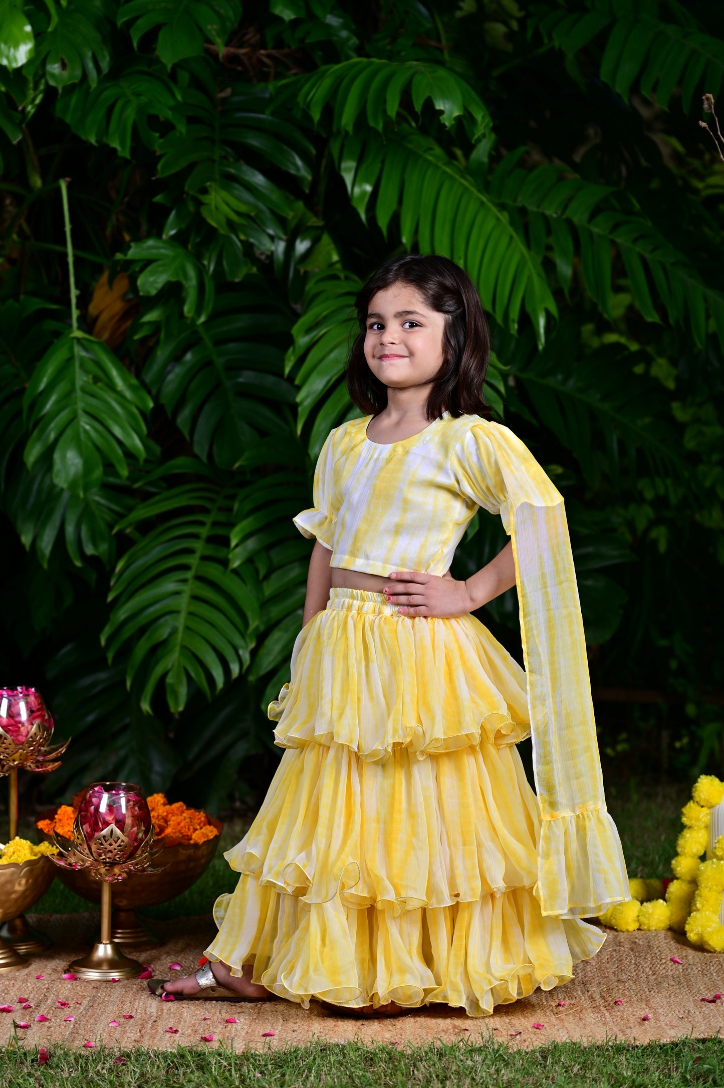Lemon Yellow Tie And Die Printed Chiffon Lehenga Choli For Girls
