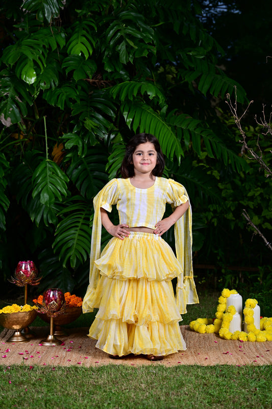 Lemon Yellow Tie And Die Printed Chiffon Lehenga Choli For Girls
