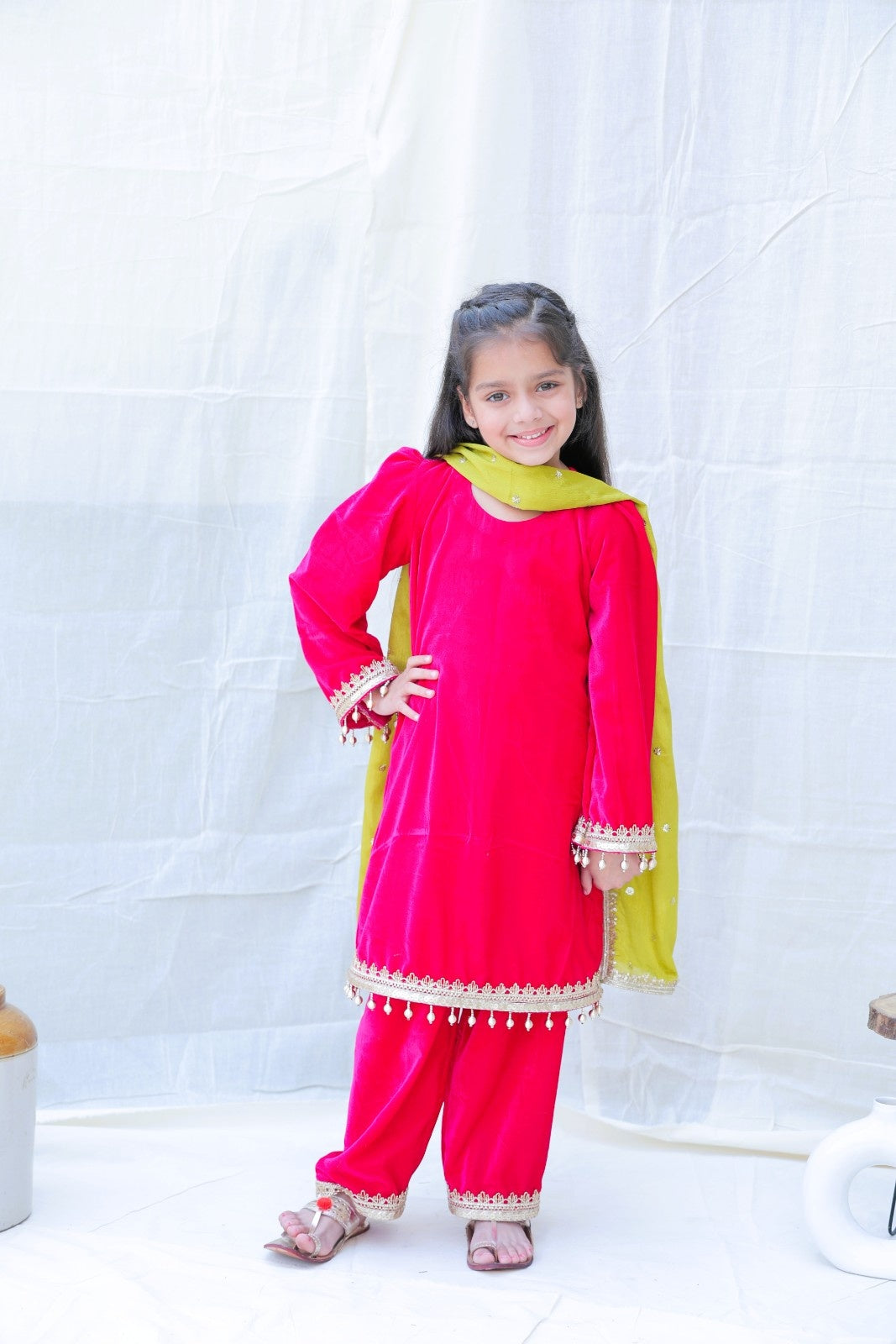 Fuchsia Round Neck Gotta Patti Velvet Kurta With Palazzos And Dupatta for girls
