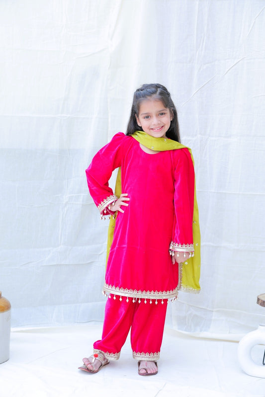 Fuchsia Round Neck Gotta Patti Velvet Kurta With Palazzos And Dupatta for girls