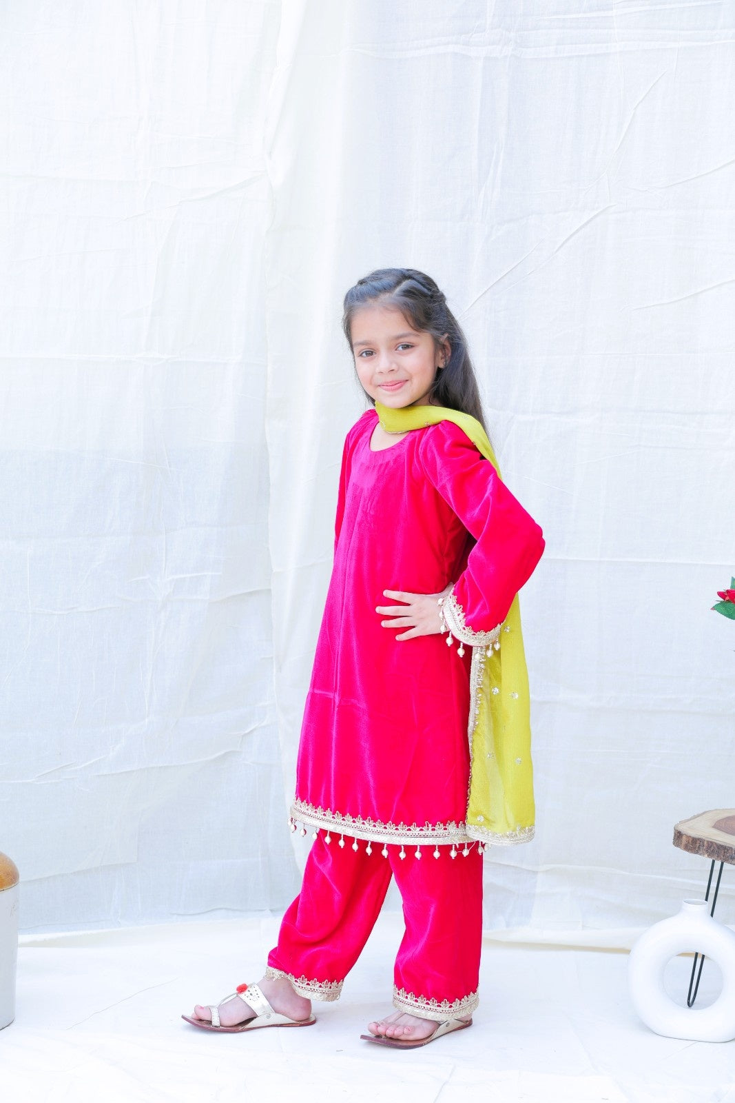 Fuchsia Round Neck Gotta Patti Velvet Kurta With Palazzos And Dupatta for girls