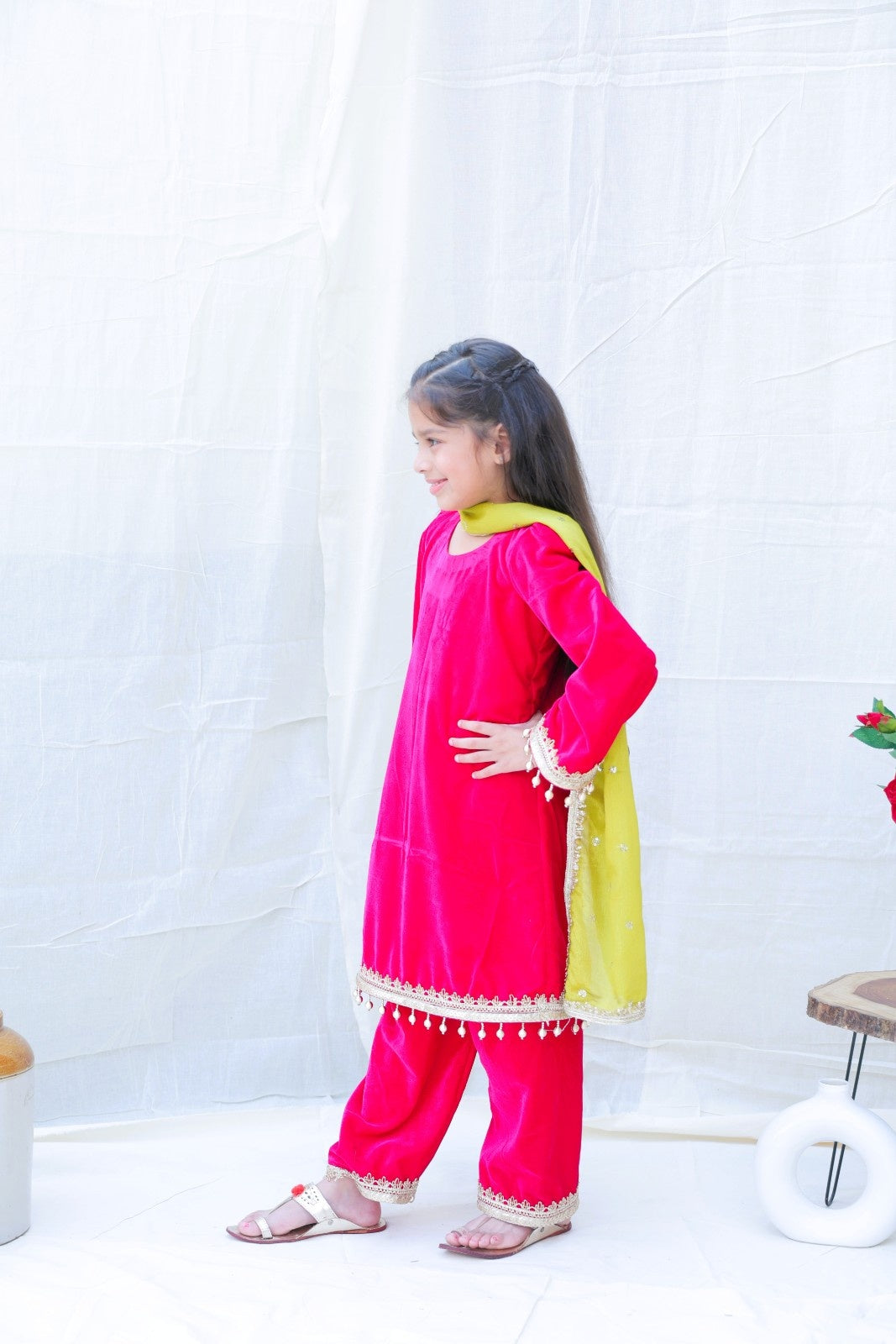 Fuchsia Round Neck Gotta Patti Velvet Kurta With Palazzos And Dupatta for girls