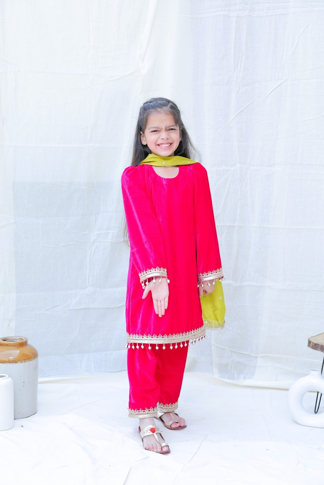 Fuchsia Round Neck Gotta Patti Velvet Kurta With Palazzos And Dupatta for girls