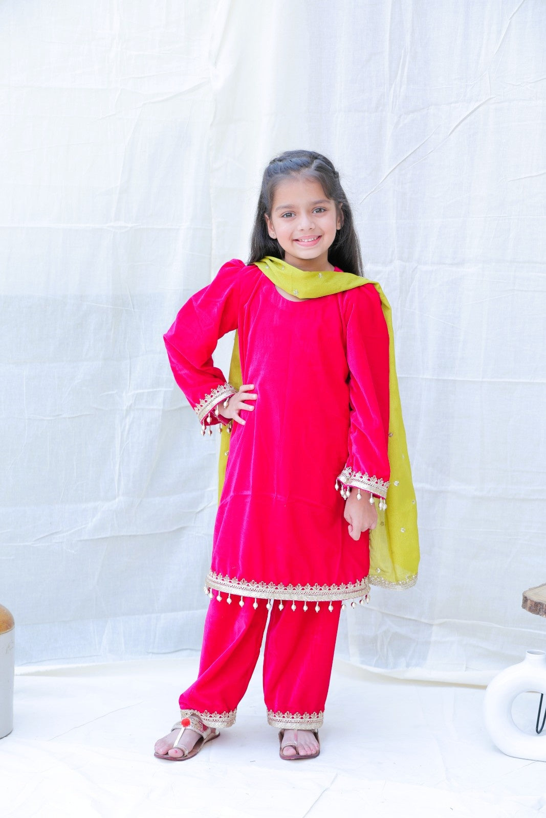 Fuchsia Round Neck Gotta Patti Velvet Kurta With Palazzos And Dupatta for girls