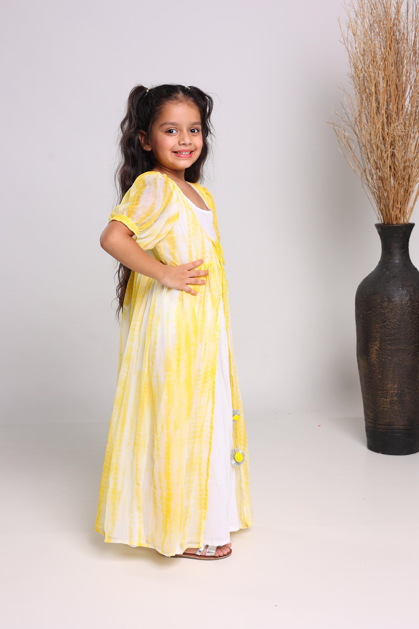Yellow Polyester Fit And Flare Maxi Dress For Girls