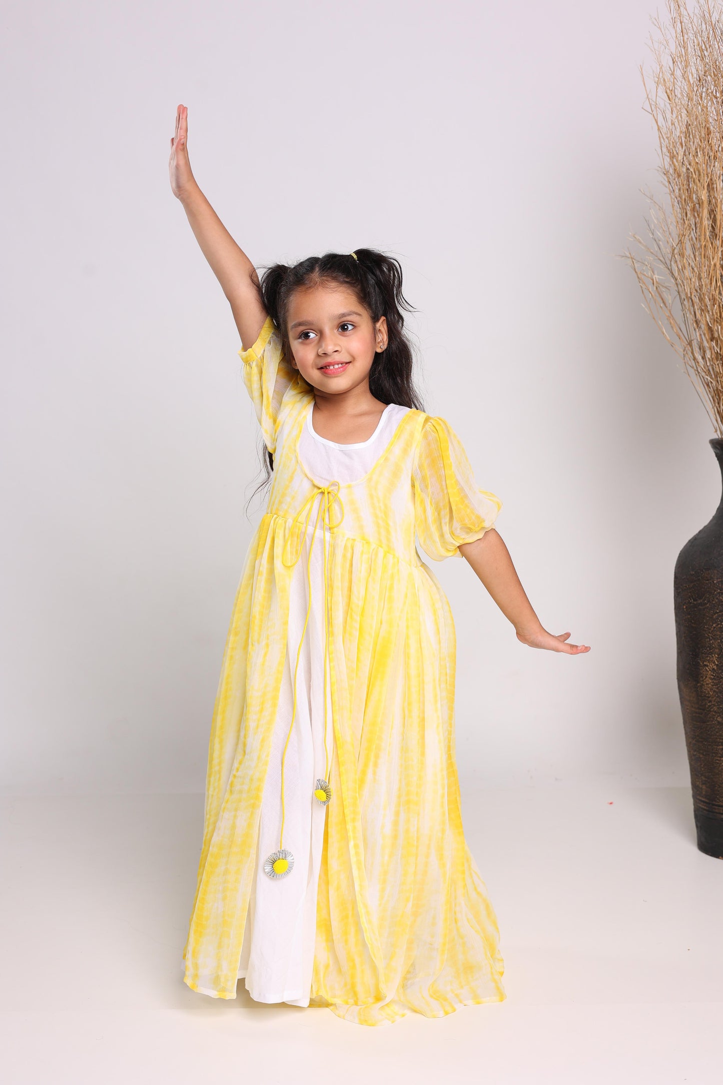 Yellow Polyester Fit And Flare Maxi Dress For Girls