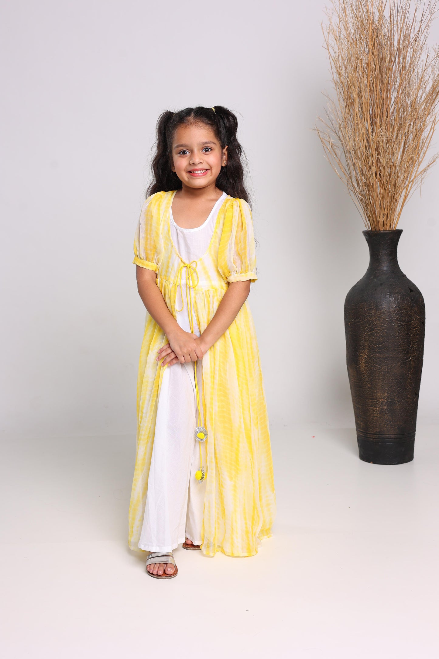 Yellow Polyester Fit And Flare Maxi Dress For Girls