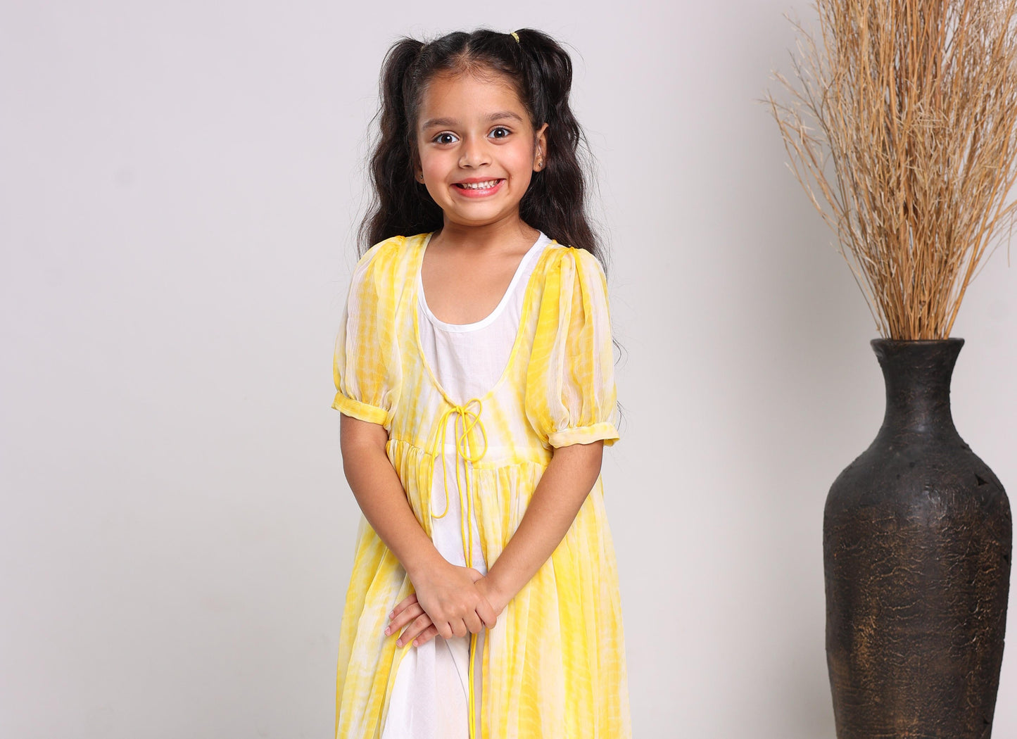 Yellow Polyester Fit And Flare Maxi Dress For Girls