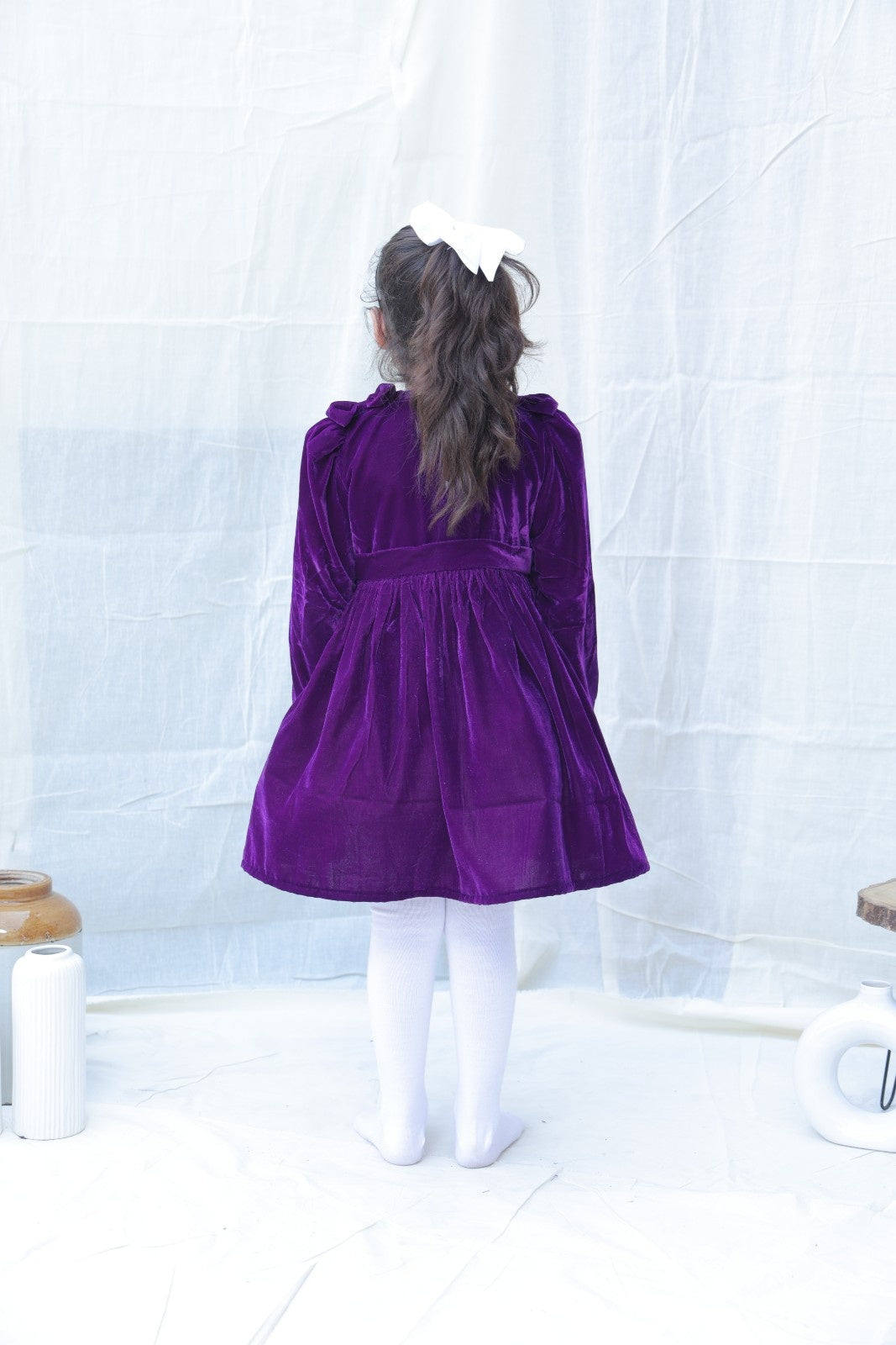 Violet Fit And Flare Velvet Puff Sleeves For Girls