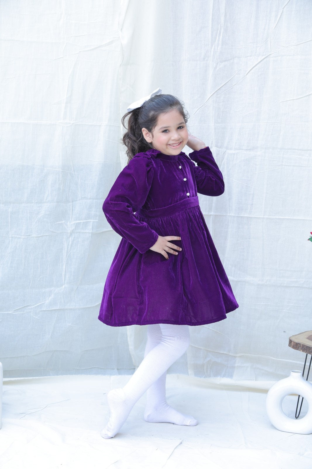 Violet Fit And Flare Velvet Puff Sleeves For Girls