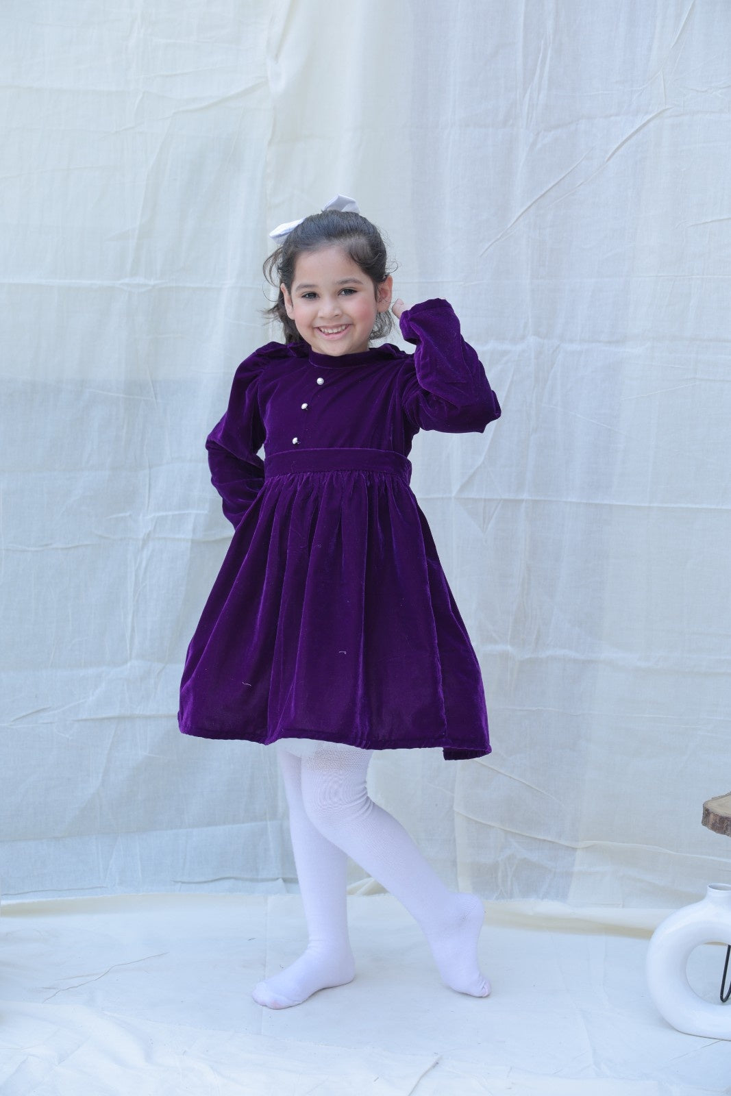 Violet Fit And Flare Velvet Puff Sleeves For Girls