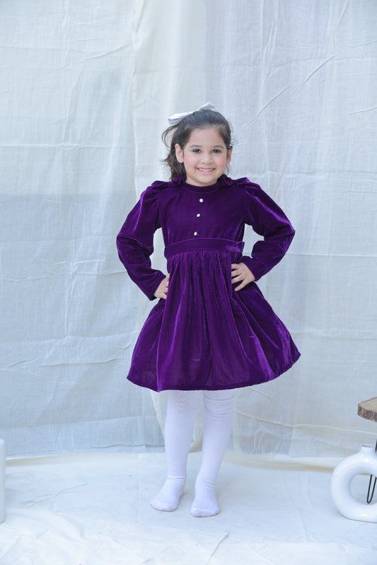 Violet Fit And Flare Velvet Puff Sleeves For Girls