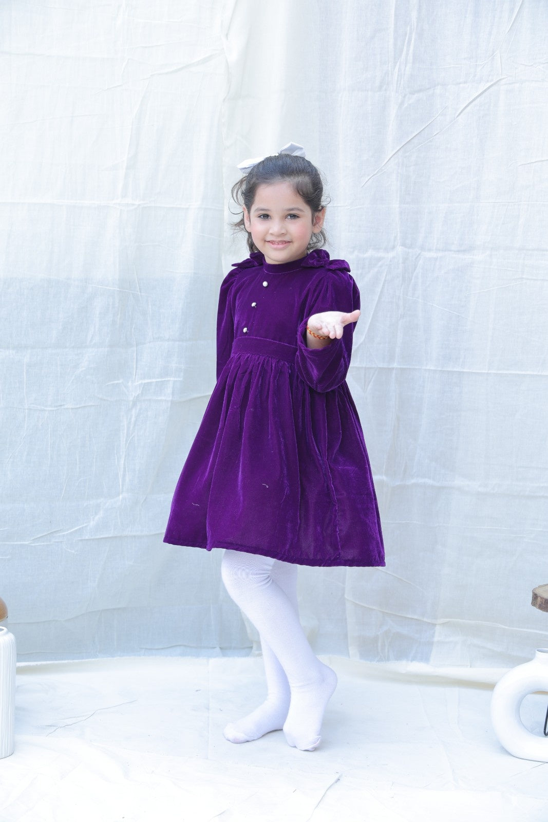 Violet Fit And Flare Velvet Puff Sleeves For Girls