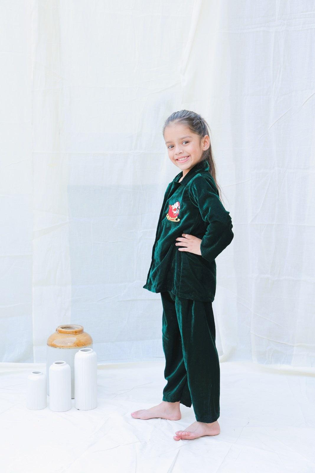 Green Velvet Winter Co Ord Set For Girls