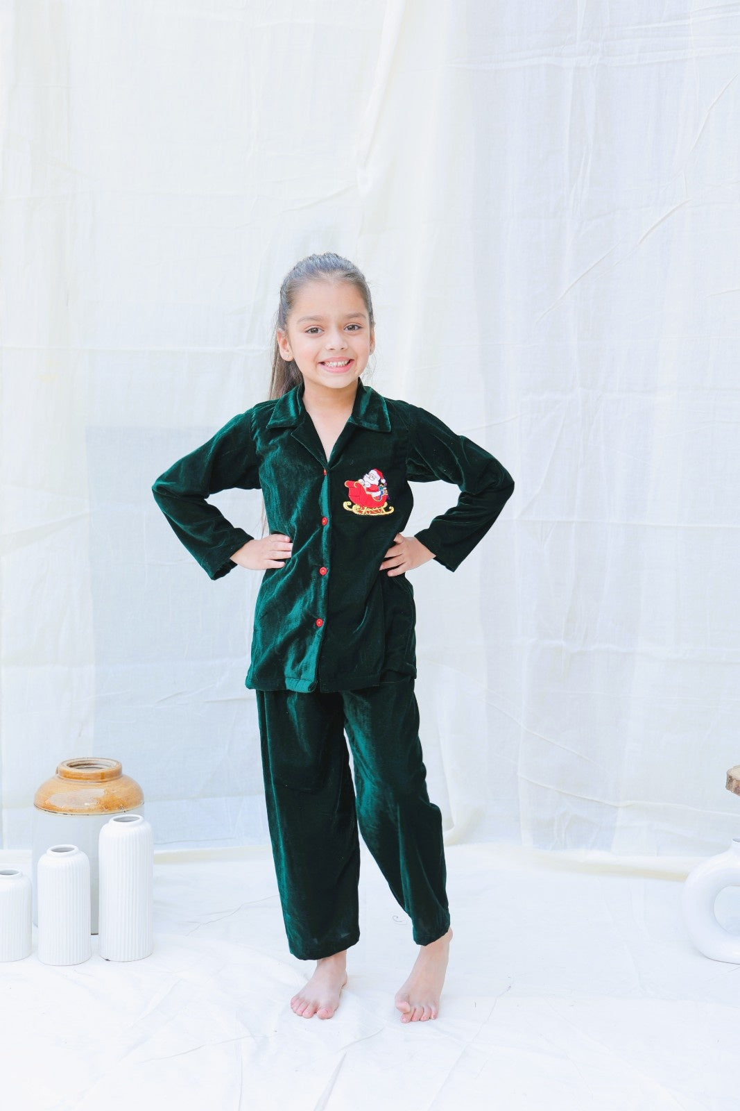 Green Velvet Winter Co Ord Set For Girls