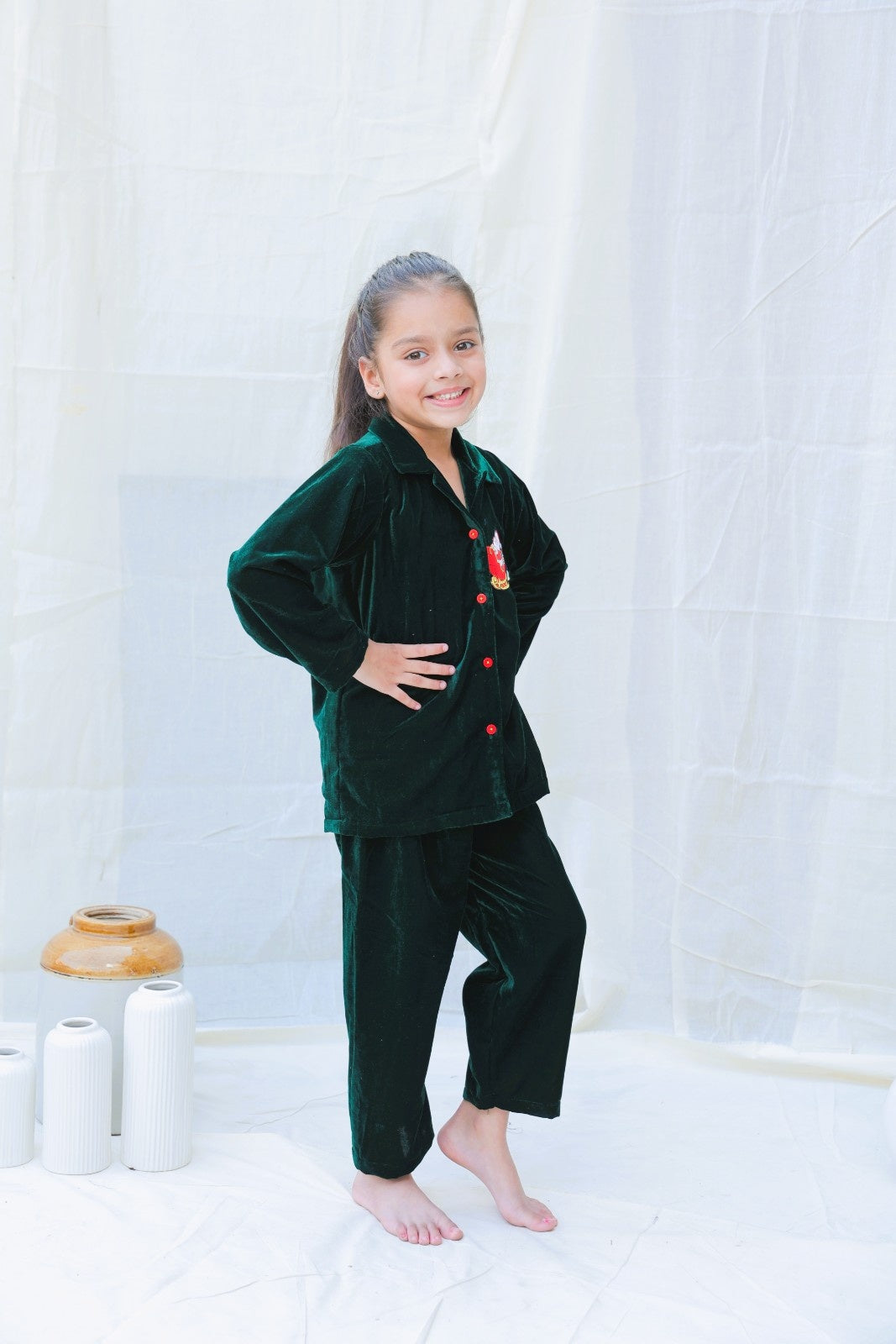 Green Velvet Winter Co Ord Set For Girls