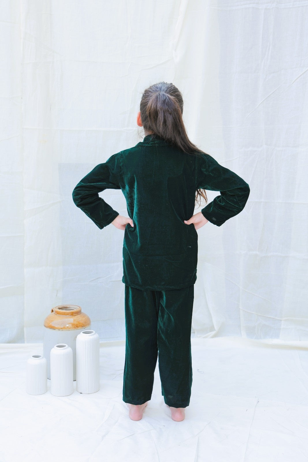 Green Velvet Winter Co Ord Set For Girls