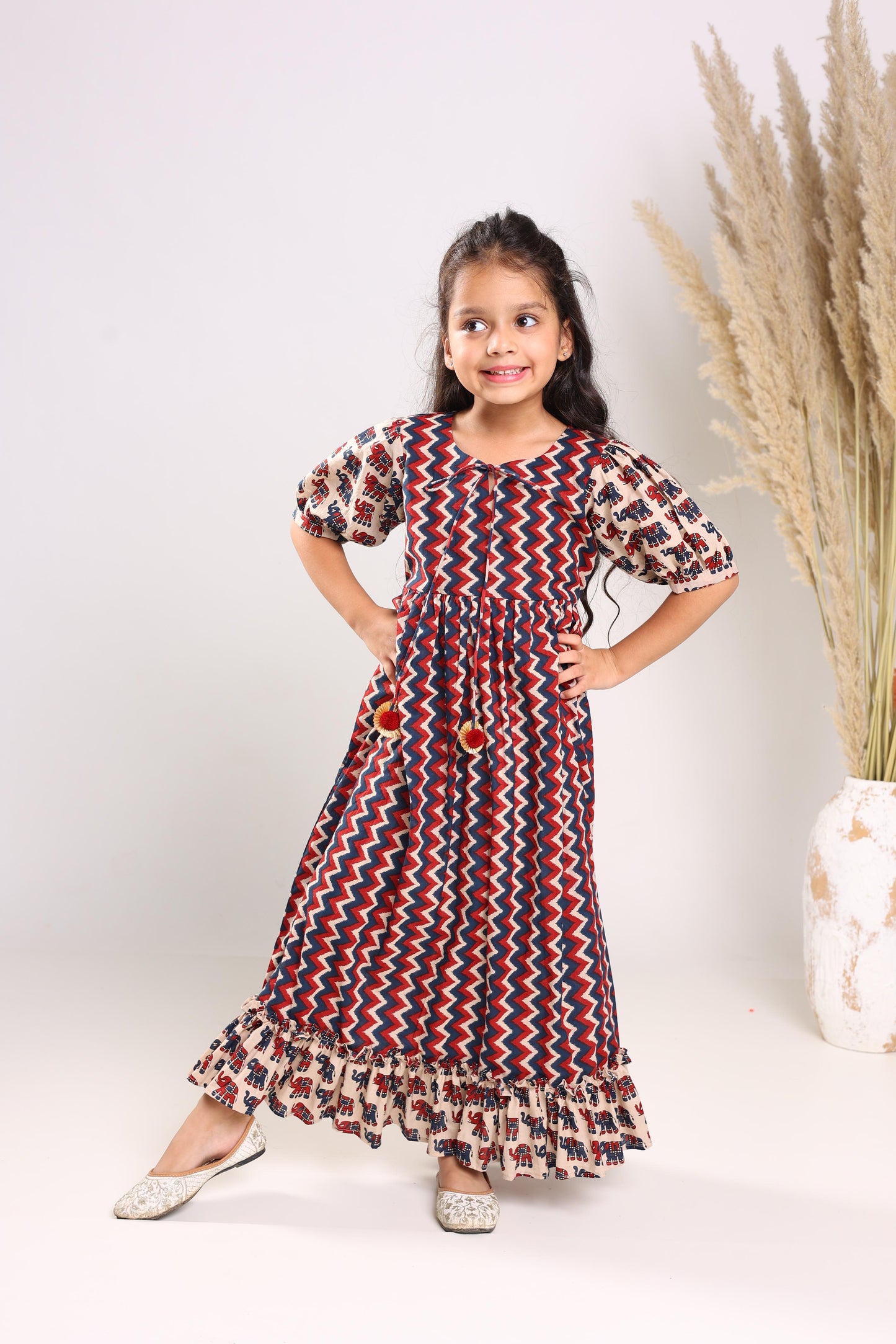Multicolour Cotton Fit And Flare Maxi Dress For Girls