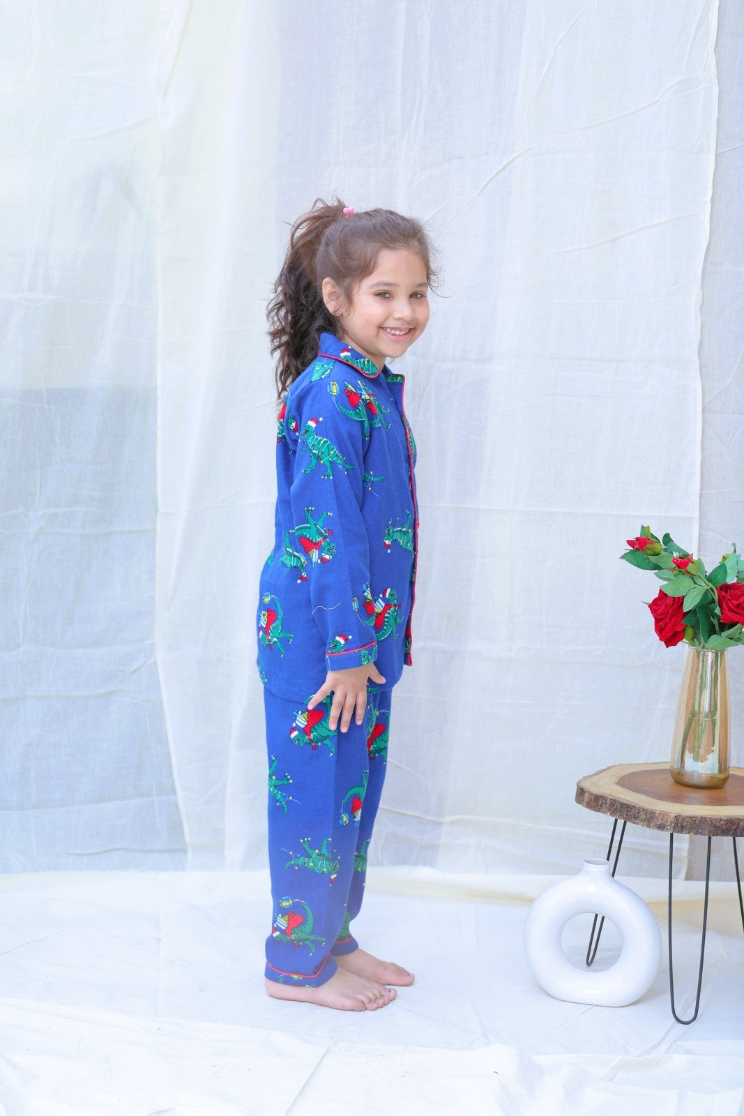 Blue Cotton Blend Collard Long Sleeves Winter Night Suits For Girls