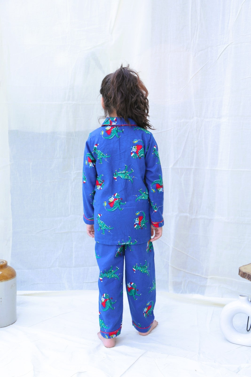 Blue Cotton Blend Collard Long Sleeves Winter Night Suits For Girls