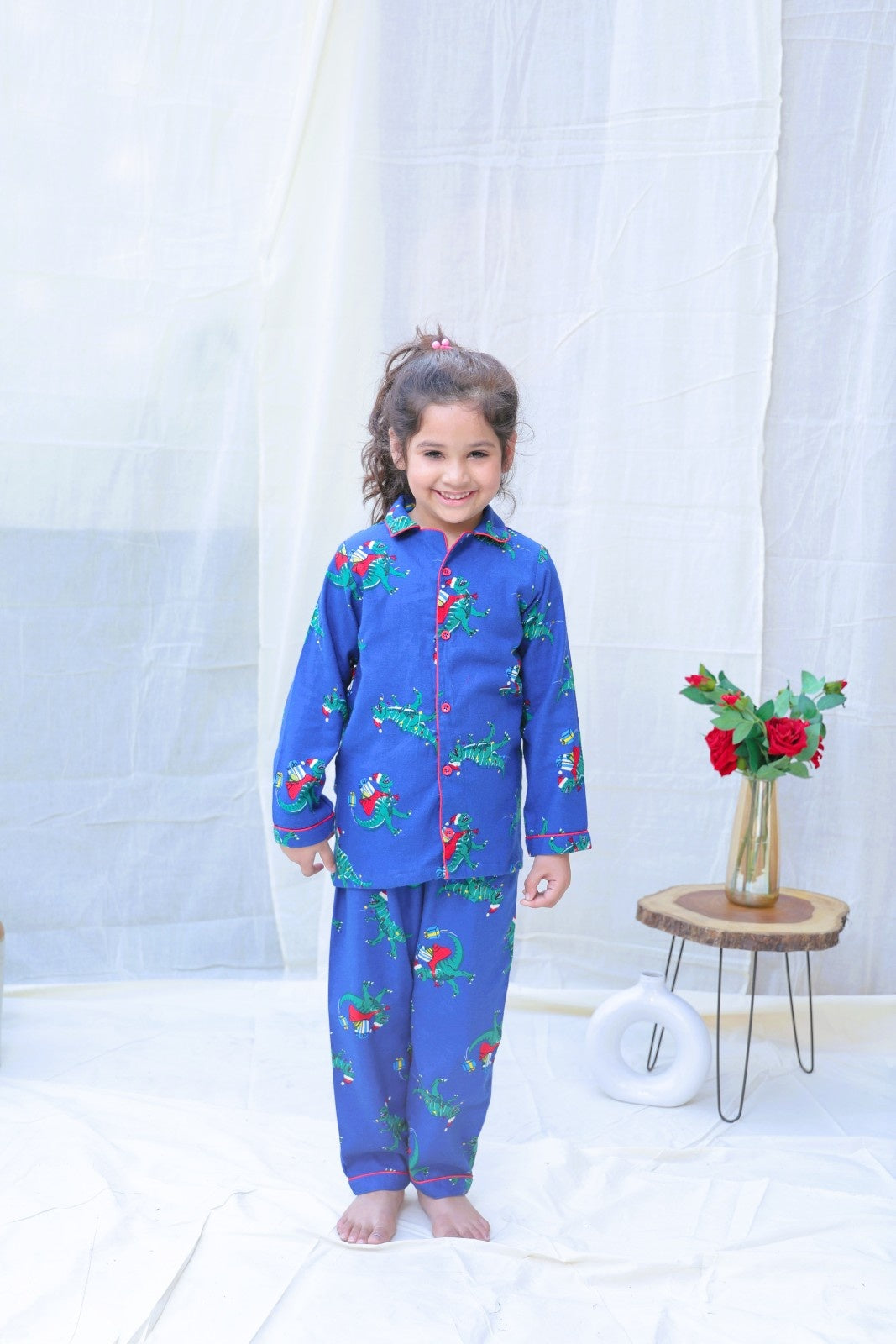 Blue Cotton Blend Collard Long Sleeves Winter Night Suits For Girls