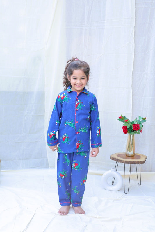 Blue Cotton Blend Collard Long Sleeves Winter Night Suits For Girls