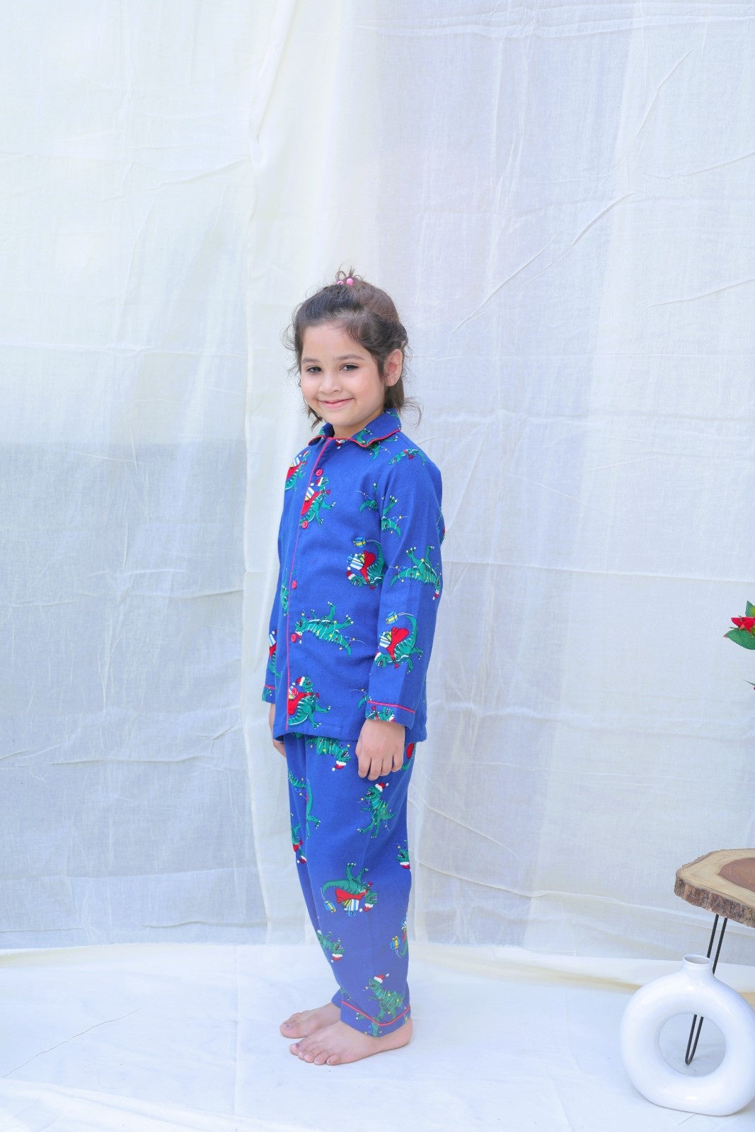 Blue Cotton Blend Collard Long Sleeves Winter Night Suits For Girls