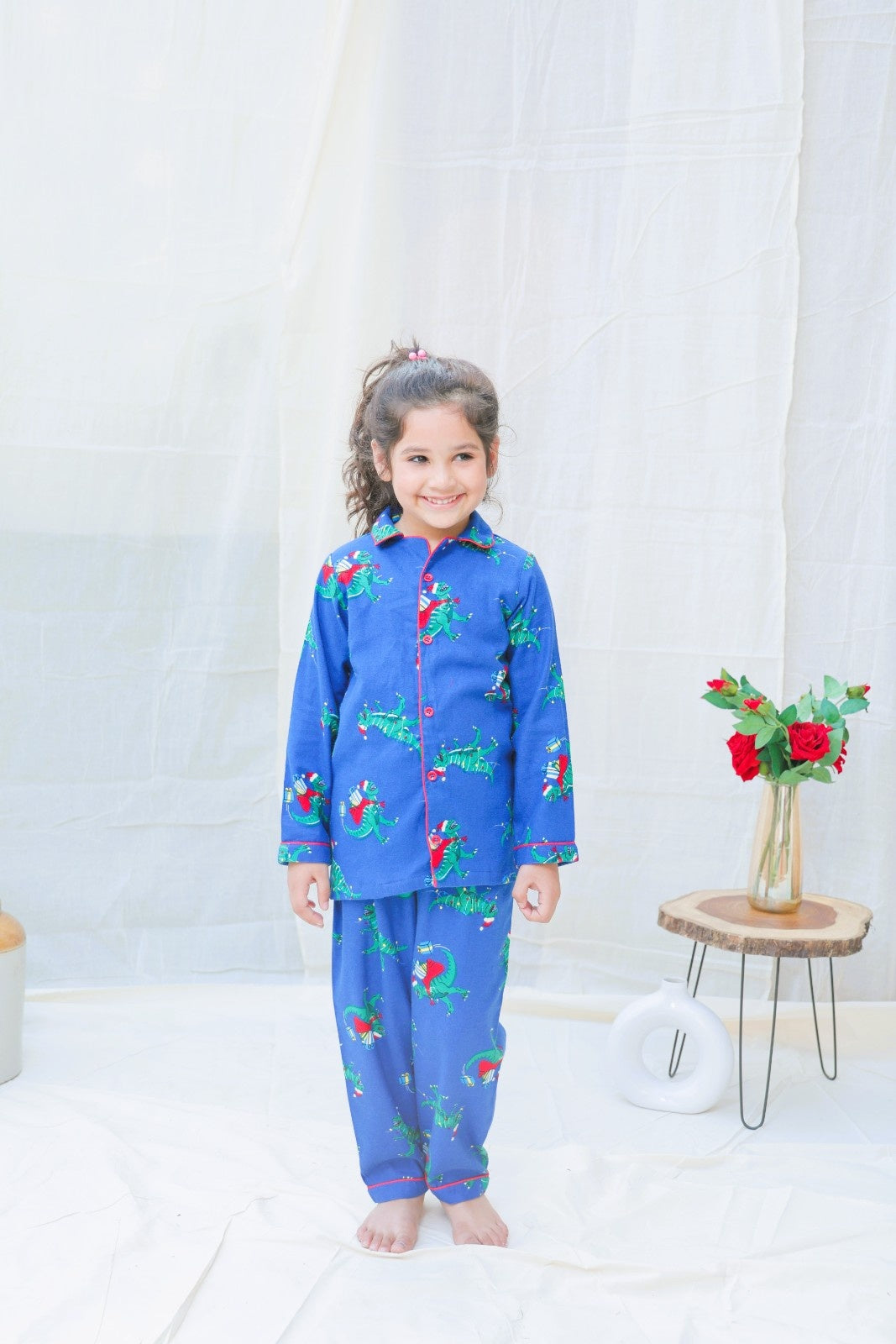 Blue Cotton Blend Collard Long Sleeves Winter Night Suits For Girls
