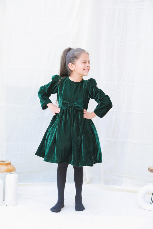 Green Fit And Flare Velvet Puff Sleeves For Girls