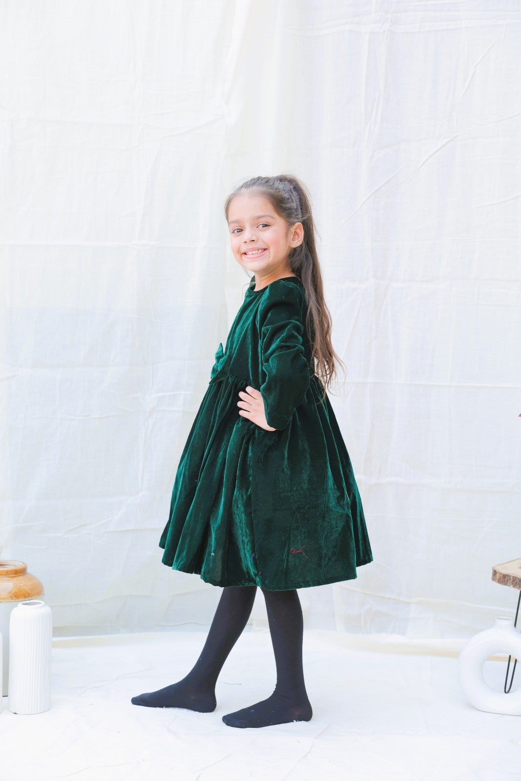 Green Fit And Flare Velvet Puff Sleeves For Girls