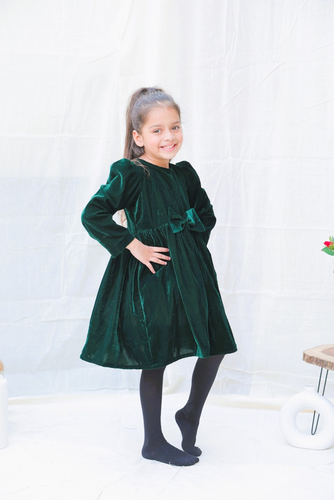 Green Fit And Flare Velvet Puff Sleeves For Girls