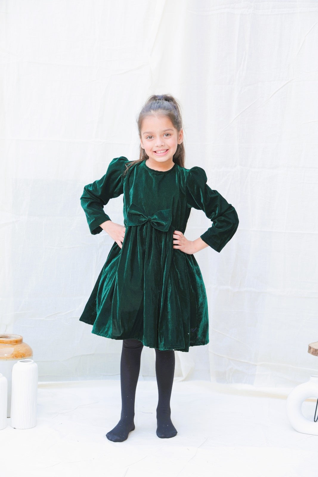 Green Fit And Flare Velvet Puff Sleeves For Girls