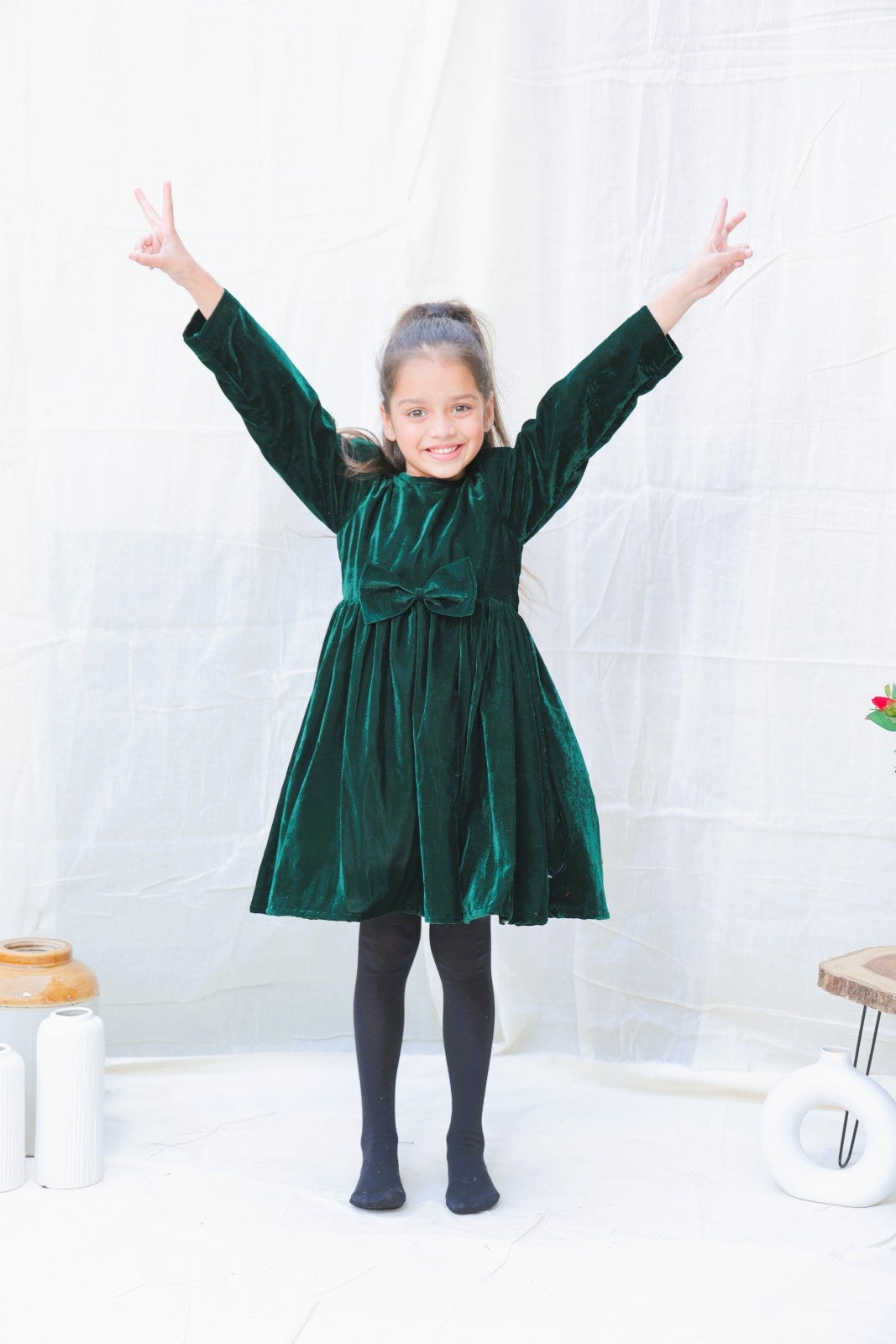 Green Fit And Flare Velvet Puff Sleeves For Girls
