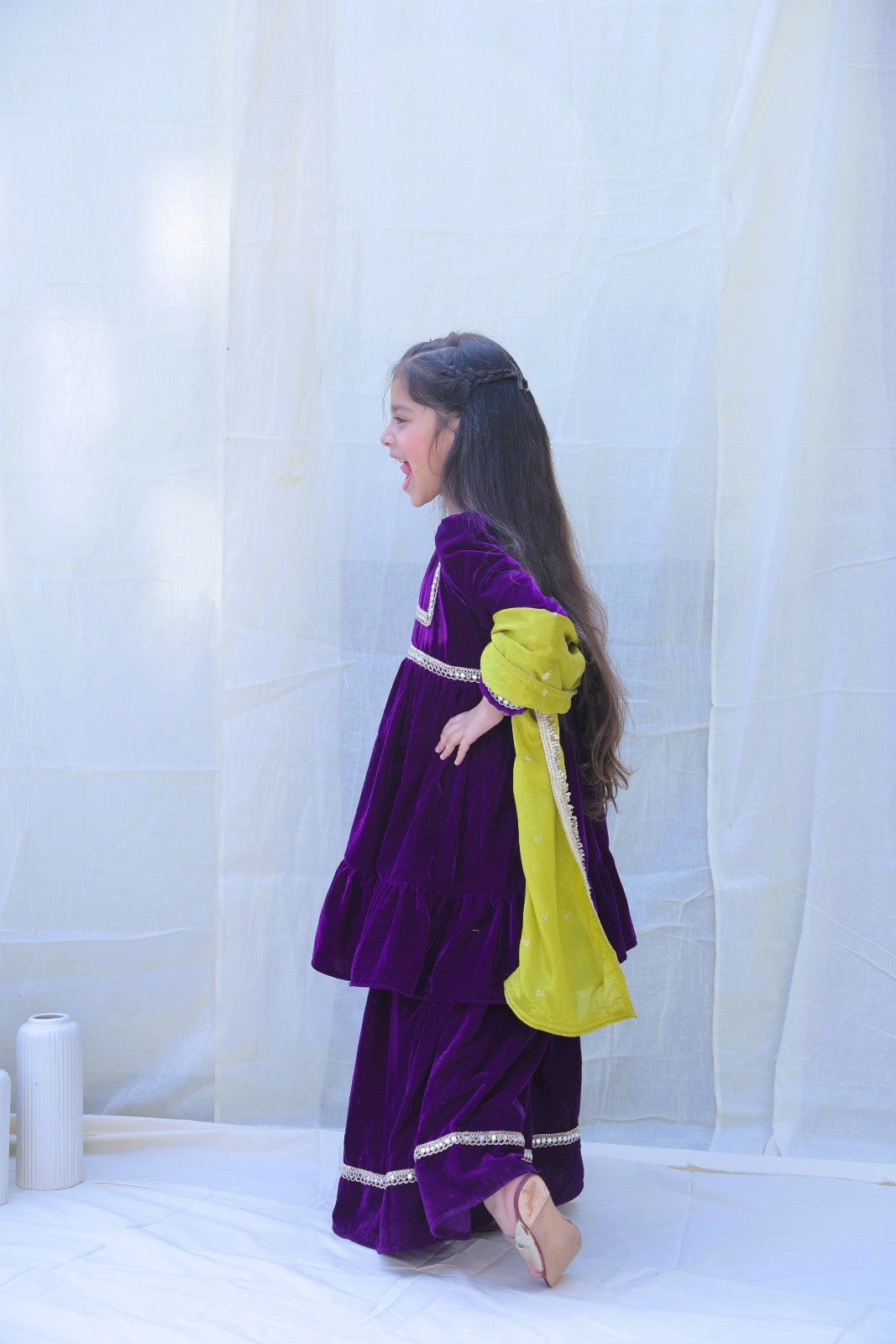 Purple Round Neck Mirror Work Velvet Kurta With Sharara And Dupatta for girls