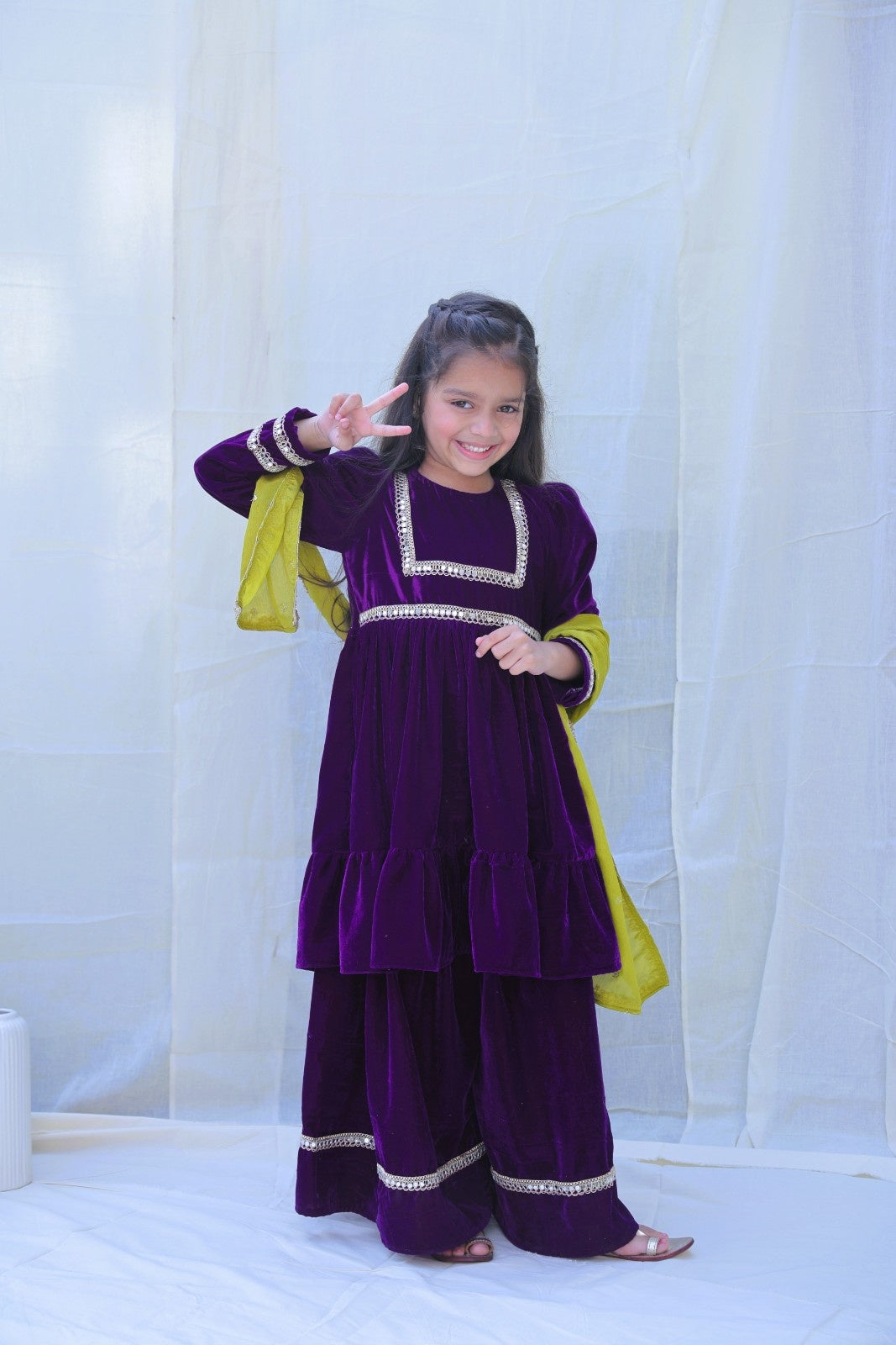 Purple Round Neck Mirror Work Velvet Kurta With Sharara And Dupatta for girls