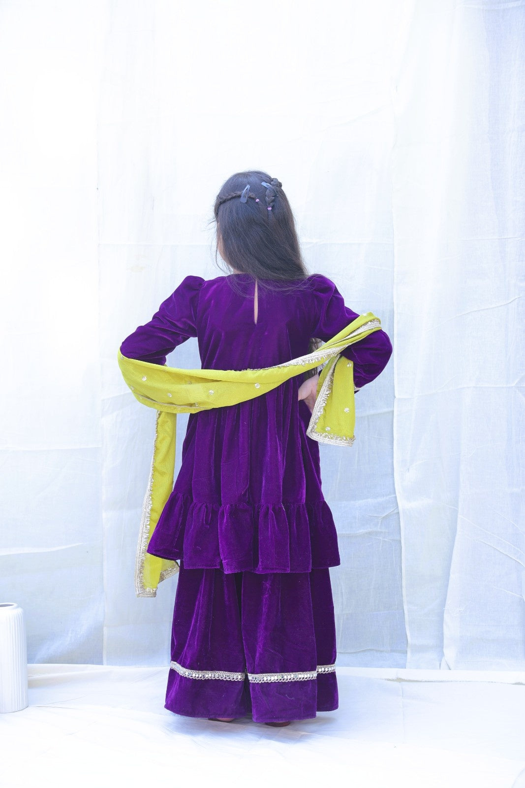 Purple Round Neck Mirror Work Velvet Kurta With Sharara And Dupatta for girls