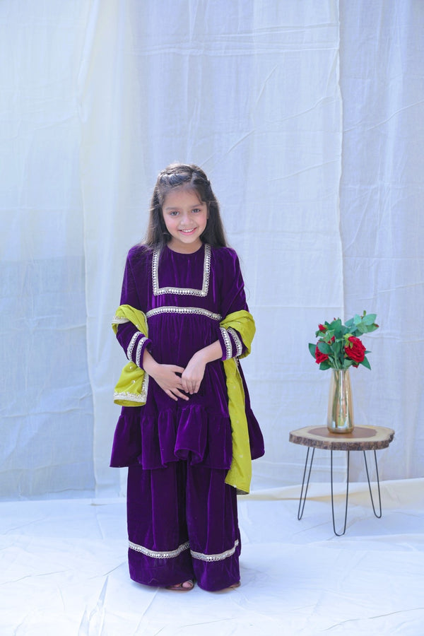 Purple Round Neck Mirror Work Velvet Kurta With Sharara And Dupatta for girls