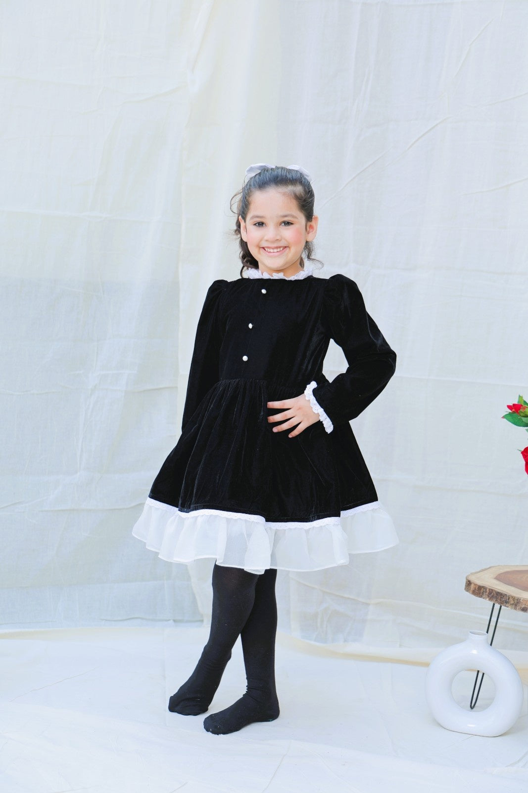 Black Fit And Flare Velvet Puff Sleeves For Girls