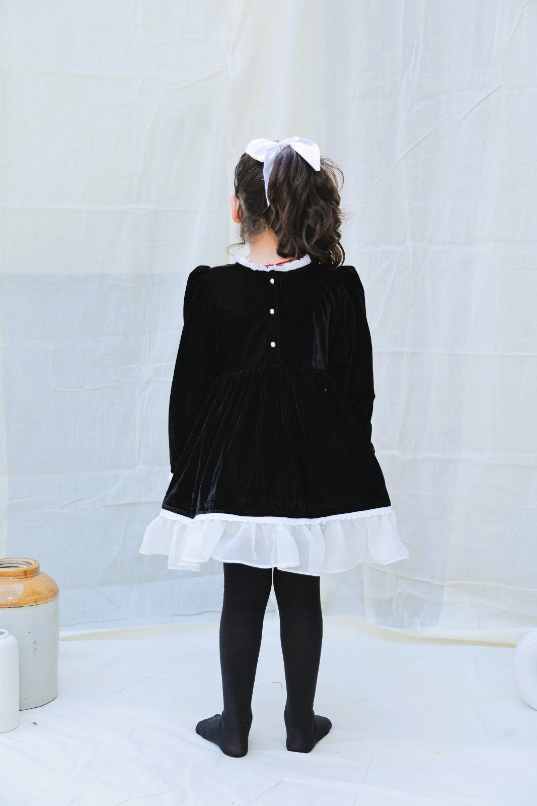 Black Fit And Flare Velvet Puff Sleeves For Girls
